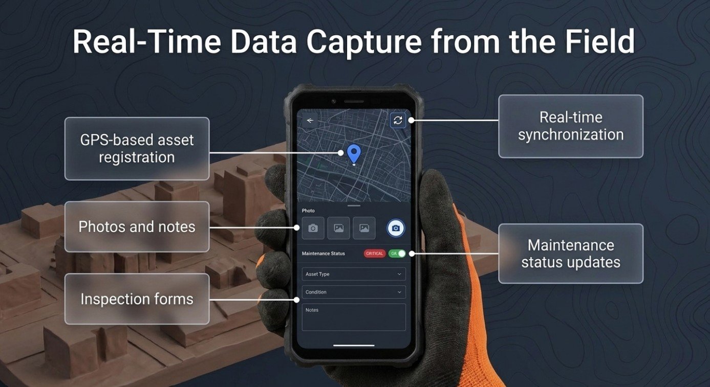 التقاط البيانات مباشرة من الميدان — تحديد الموقع بـ GPS، الصور، ونماذج الفحص