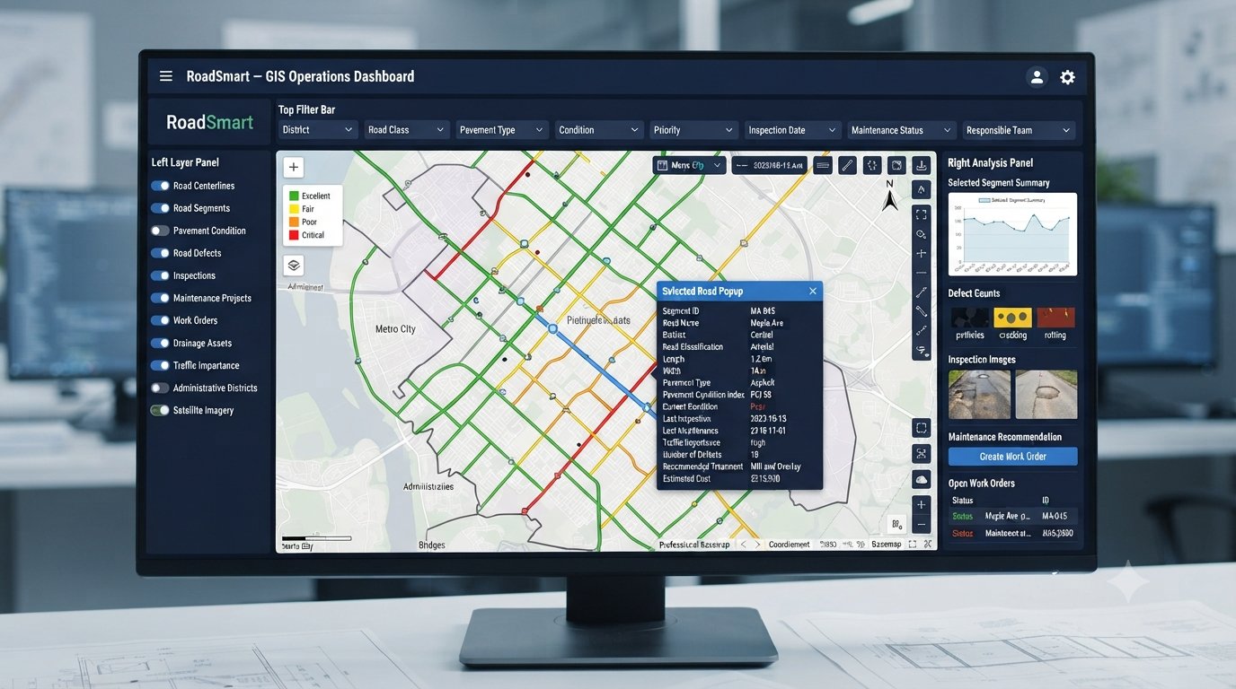 واجهة GIS تعرض حالة الطرق والأصول وتفاصيل مقطع طريق مختار